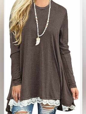 Women's Lace-Hem Long Sleeve Swing Top - Brown